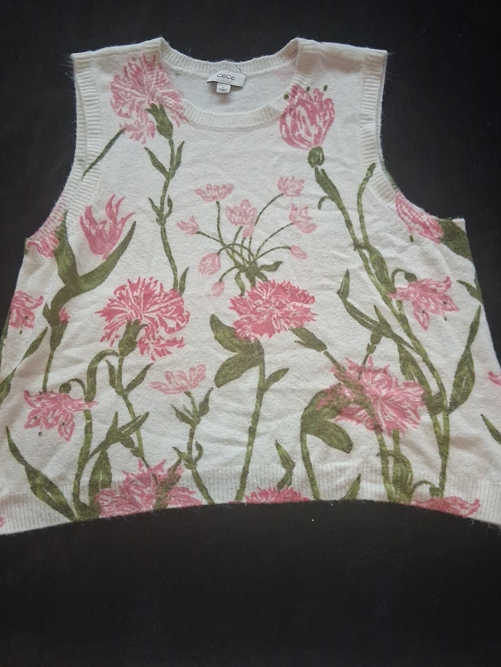CeCe Cream Knit Floral Tank with Pink & Green Print
